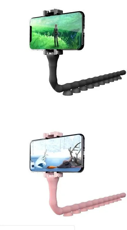 Flexible black rubber phone holder with suction cup extended, showing 360° rotation joint next to a mobile phone.