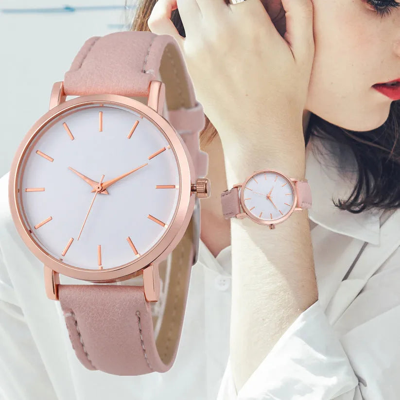 Square alloy case quartz watch with PU leather strap in various colours including grey, green, pink, and black.