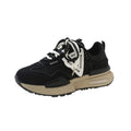 Women's black and khaki red retro platform sports shoes with round toe and front lace-up.