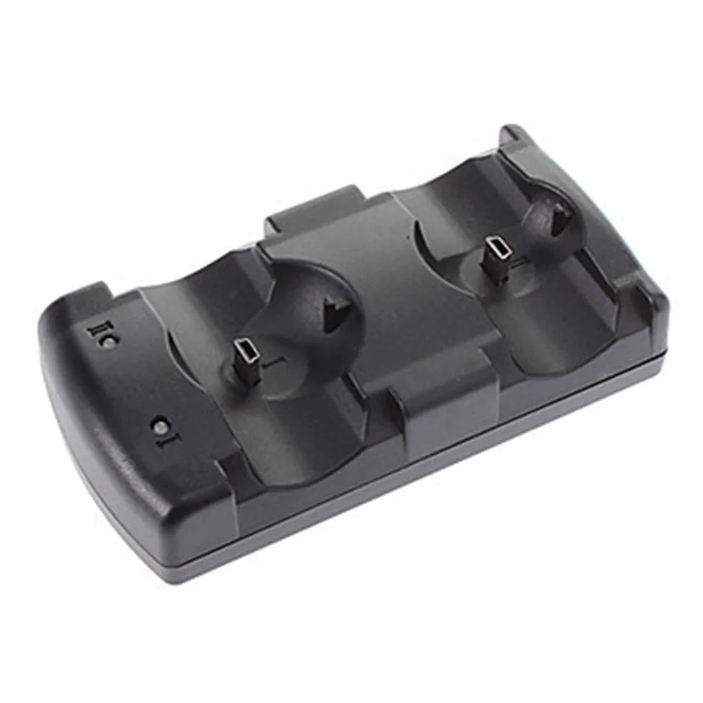 Black PS3 dual charging dock holding two wireless controllers with connected USB cable