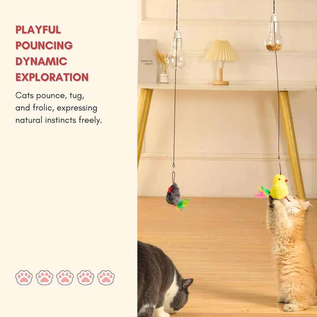 Interactive hanging cat toy with retractable elastic rope and dangling mouse attachment on door frame