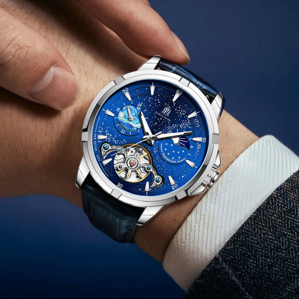 Men's automatic mechanical watch with blue dial and stainless steel case showing 14mm thickness