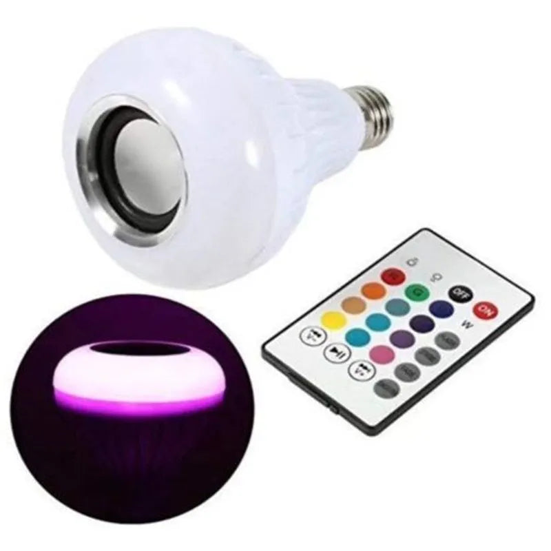White Bluetooth speaker LED bulb with E27 screw base and remote control for 16 colour lighting.