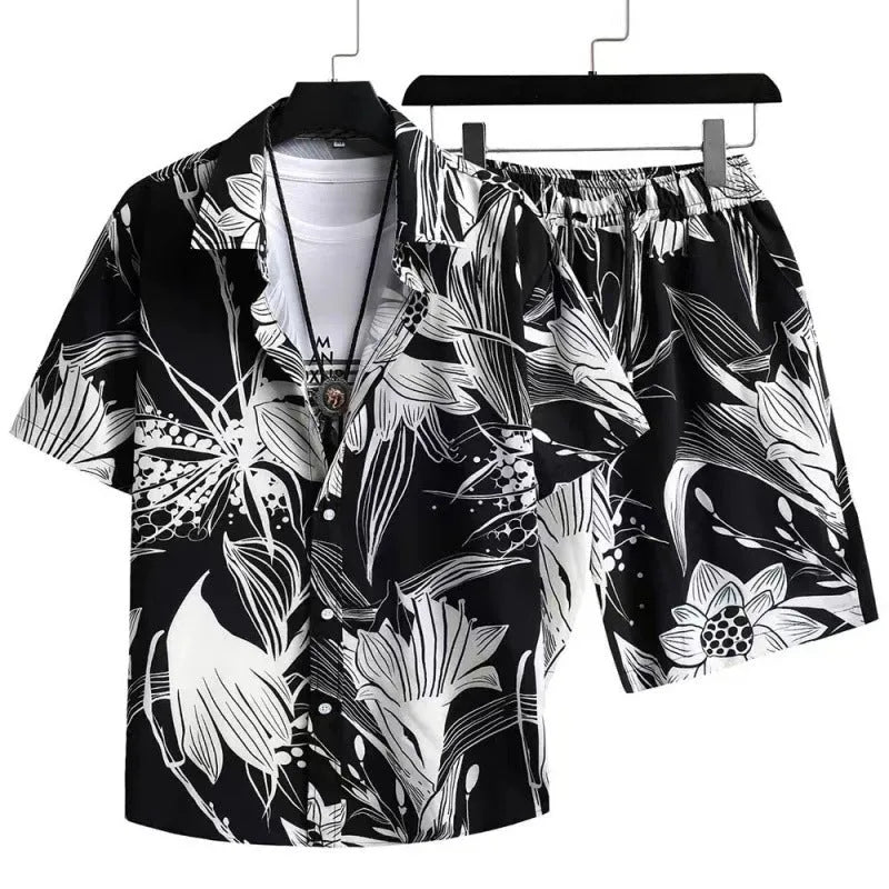 Men's casual short sleeve cardigan suit with digital printing and matching shorts