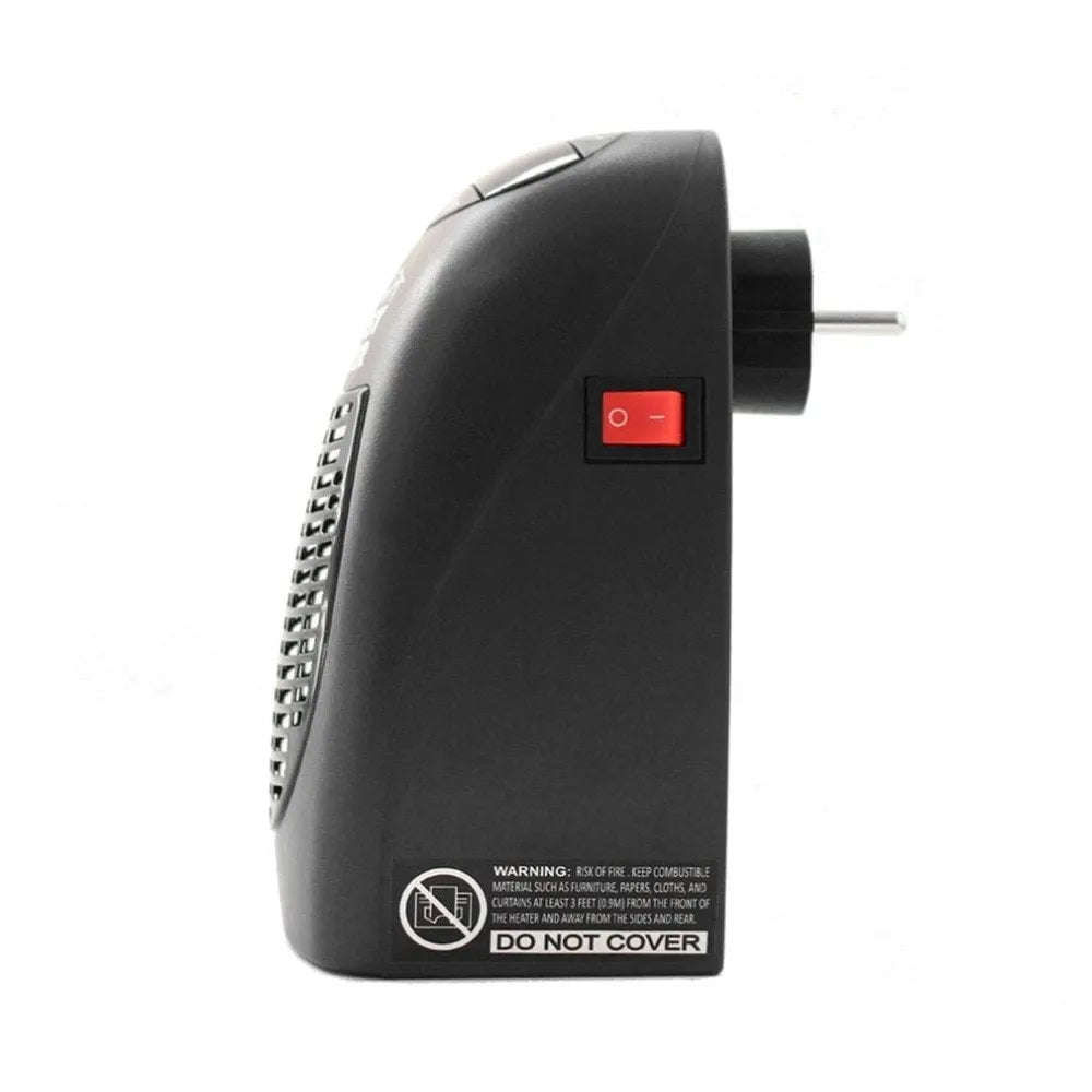 Black mini ceramic electric heater with digital display and a rotating three-prong plug on a white background.