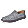 Men's brown slip-on casual shoes with round toe, flat heel, and visible sewing line details.