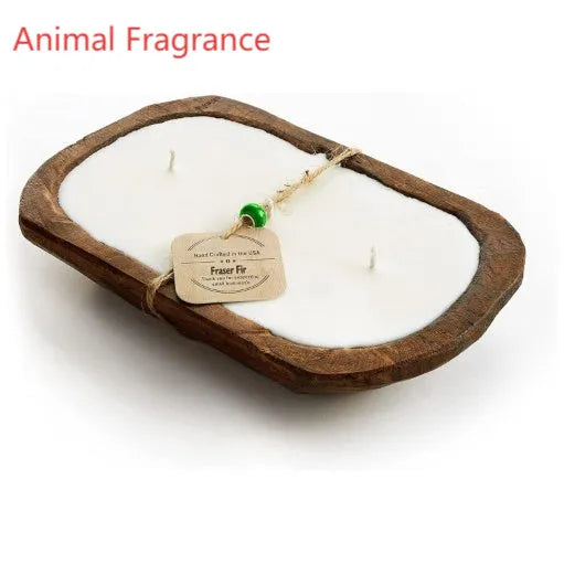 Retro-style lavender aromatherapy candle in a wooden basin made from soy wax.