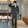 Men's black stripes ice silk pajama set with V-neck top and trousers