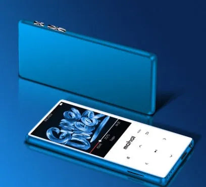 Portable sports MP3 player with 2.4-inch touchscreen showing music interface, available in black, blue, red, or silver