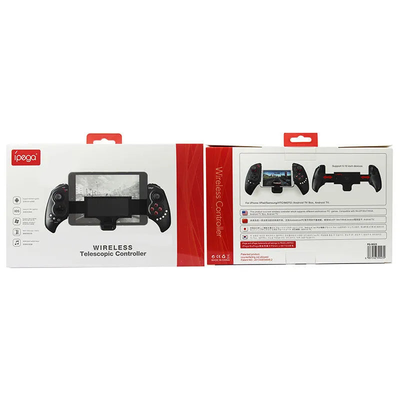 Black wireless telescopic game controller expanded to hold a mobile phone.