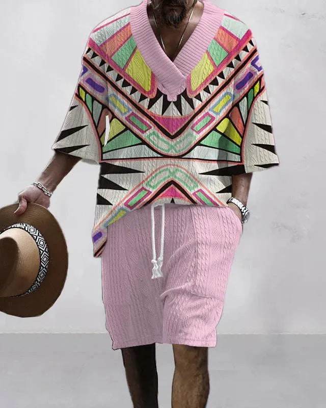 Men's casual short sleeve suit set with loose-fitting top and elastic waist shorts in solid colour