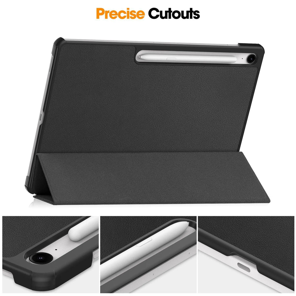 Samsung Tab S10 FE Plus 13.1-inch leather case in tri-fold stand position showing PC hard shell.