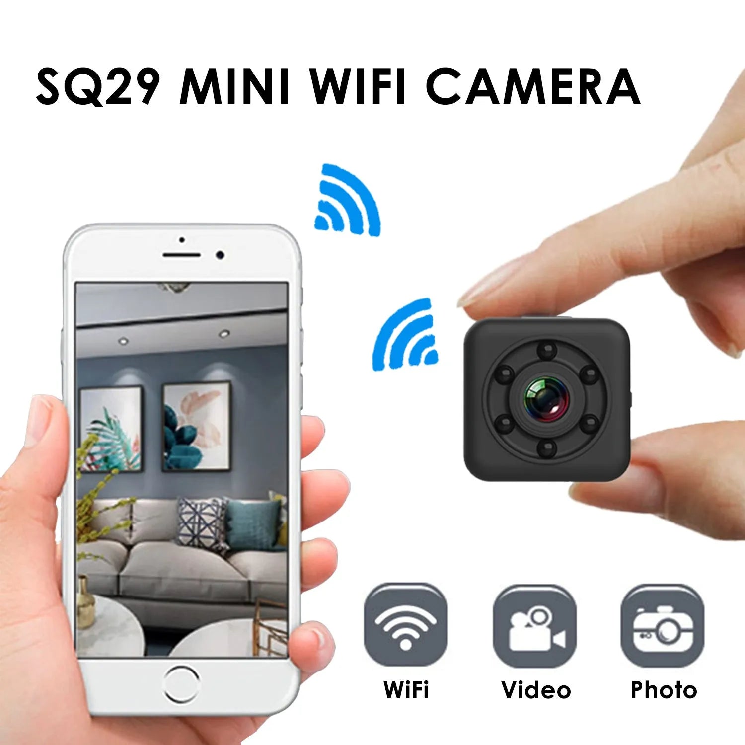 Black SQ29 waterproof sports camera with microUSB port and microSD card slot for action recording