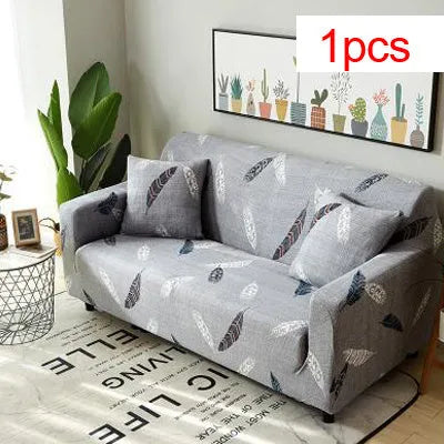 Geometric print polyester sofa slipcover stretched over sofa with matching pillowcase
