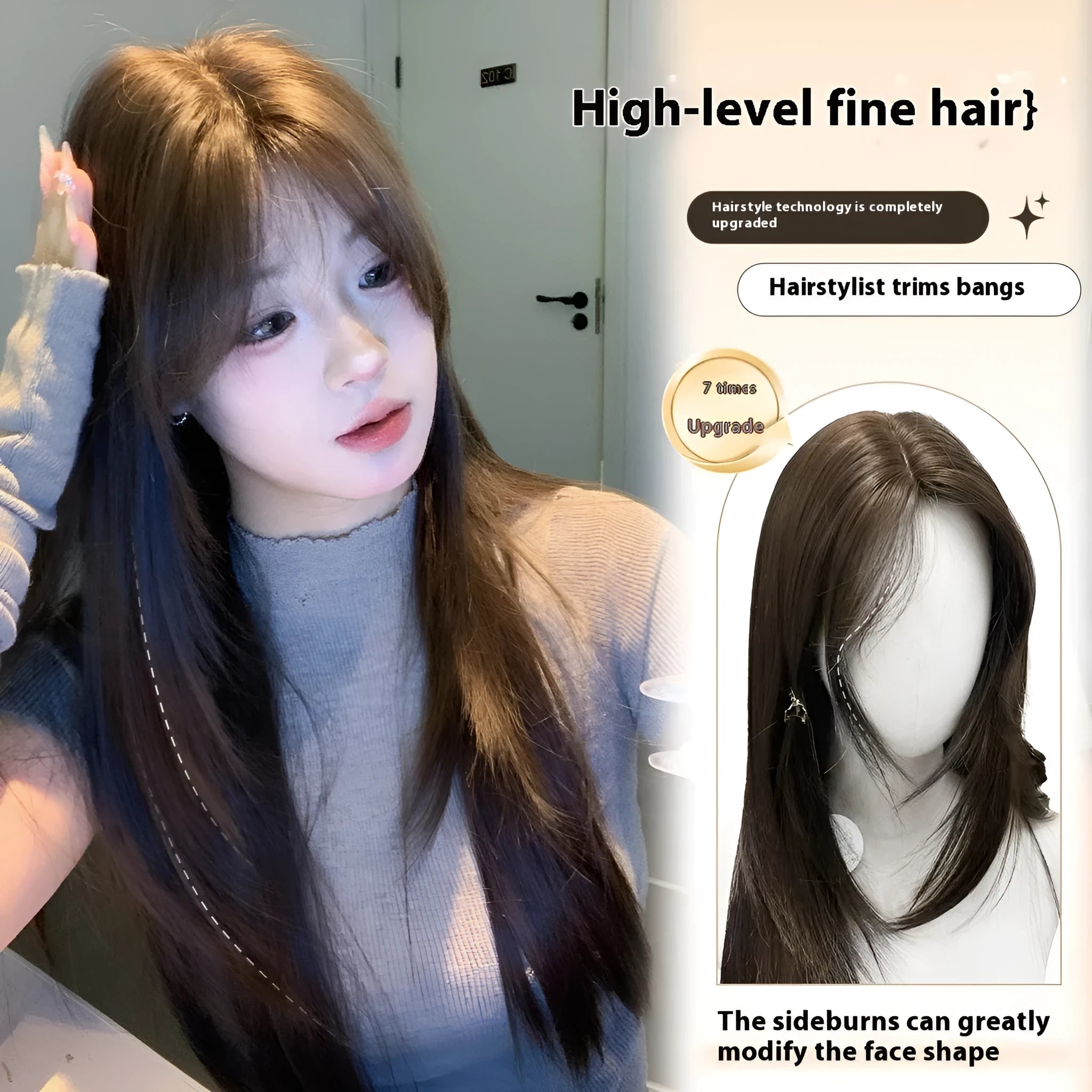 Layered long straight cold brown women's wig made from high-temperature fibre material