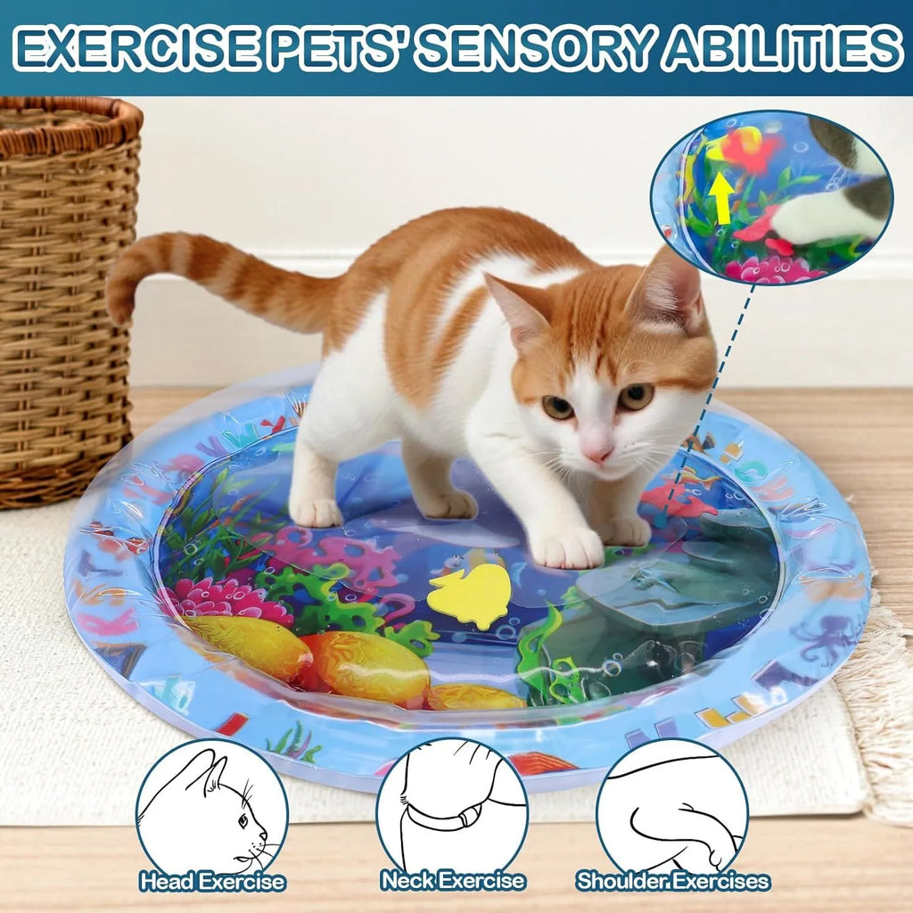 Square PVC water sensory playmat for pets showing inflated outer ring and central water area with floating fish toys.