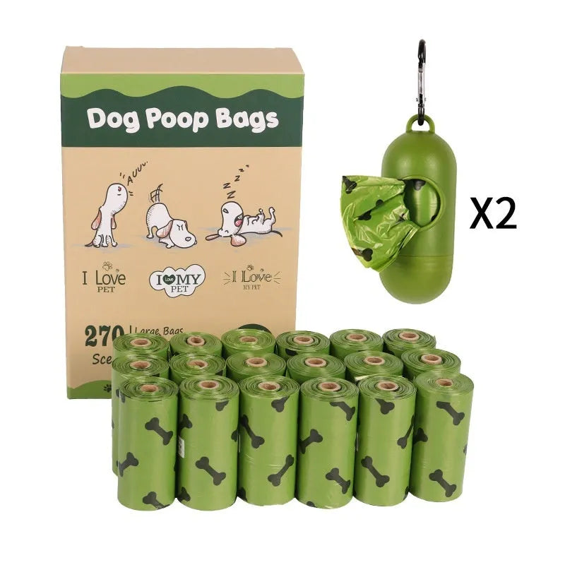 Military green degradable dog poop bags with black bone print, measuring 23 by 33 centimetres