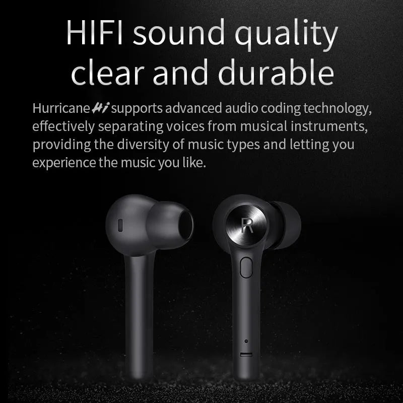 TWS Bluetooth headset in black charging case and earbuds, compact 60 x 67.5mm design with 1000-hour standby
