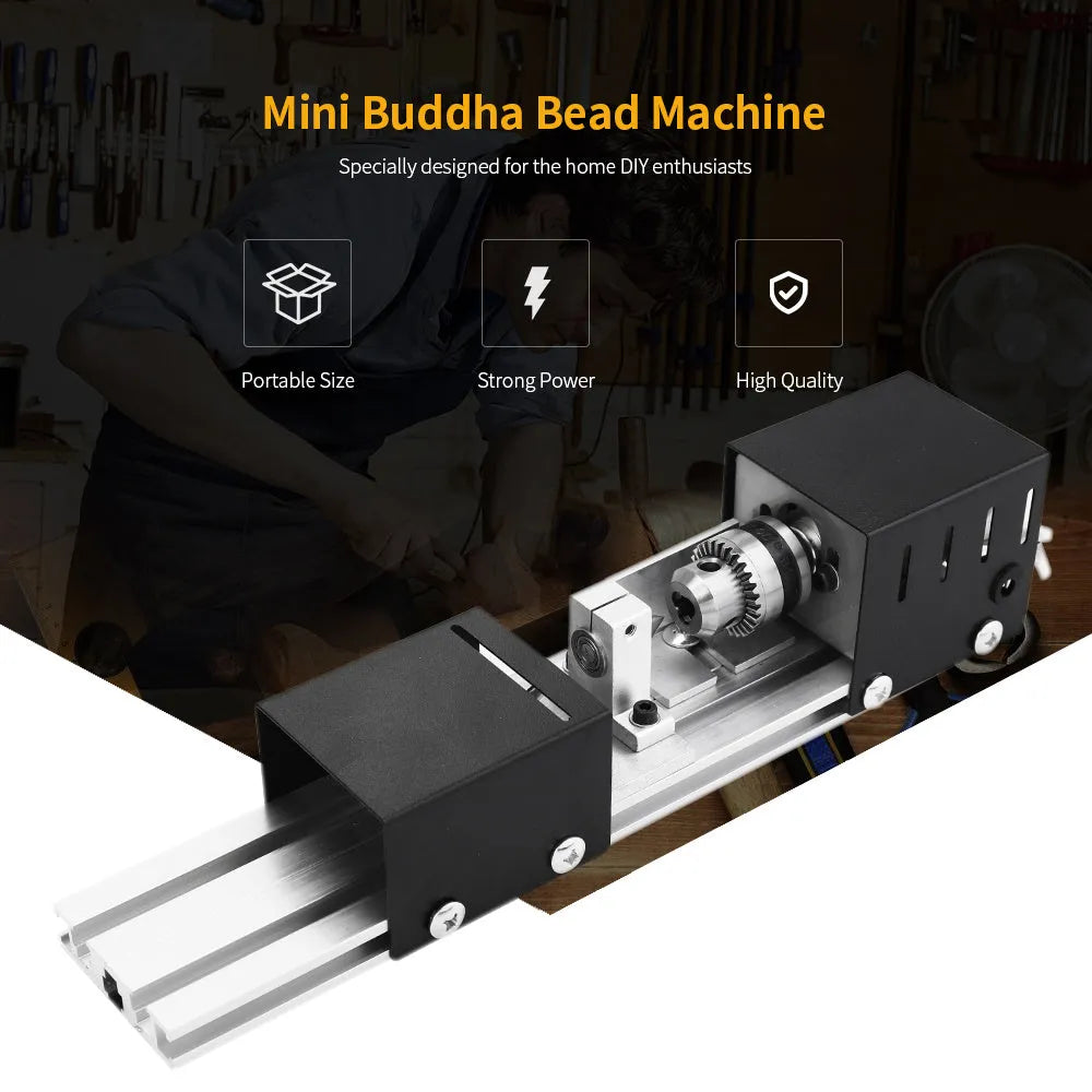 Silver metal mini manual woodworking lathe with carving knives on a workbench.