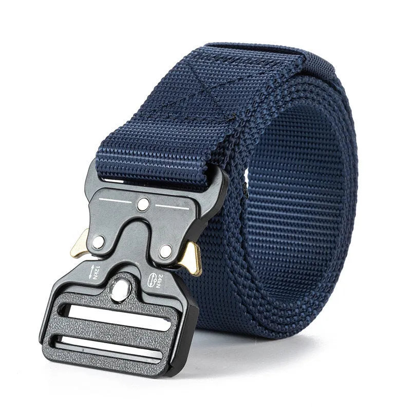 Men's black canvas tactical belt with a silver alloy release buckle, laid flat to show its 120cm length.