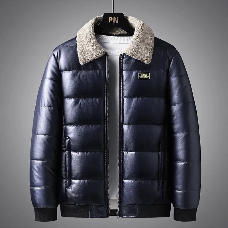 Men's thickened PU leather winter jacket with lapel collar in light blue and black, sizes M to 5XL
