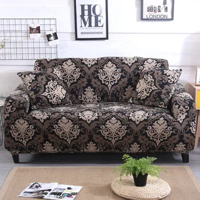 Geometric print polyester sofa slipcover stretched over sofa with matching pillowcase