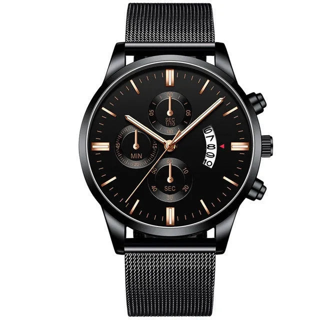 Men's stainless steel quartz watch with mesh band and two-tone case on wrist