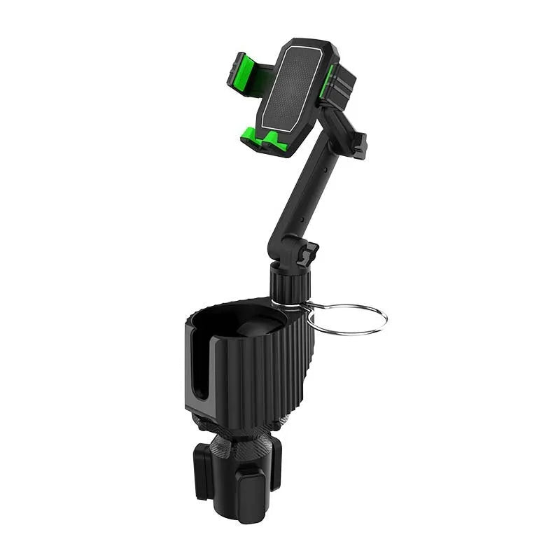 Green car dashboard drink rack with separate mobile phone holder mounted on windscreen.