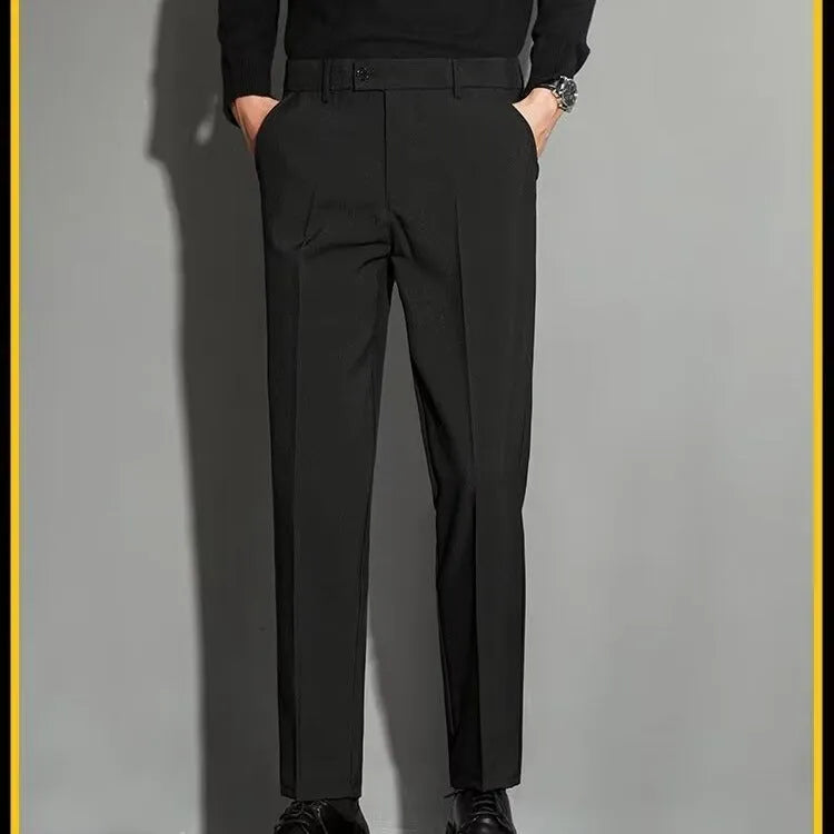 Men's straight-leg ankle-length suit trousers in chemical fibre blend available in multiple colours