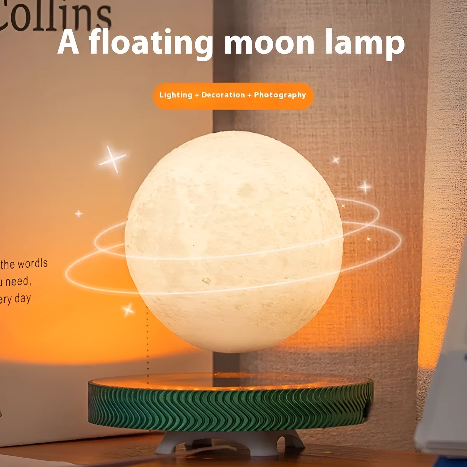 Magnetic suspension moon night lamp floating above base with 3D-printed celestial design