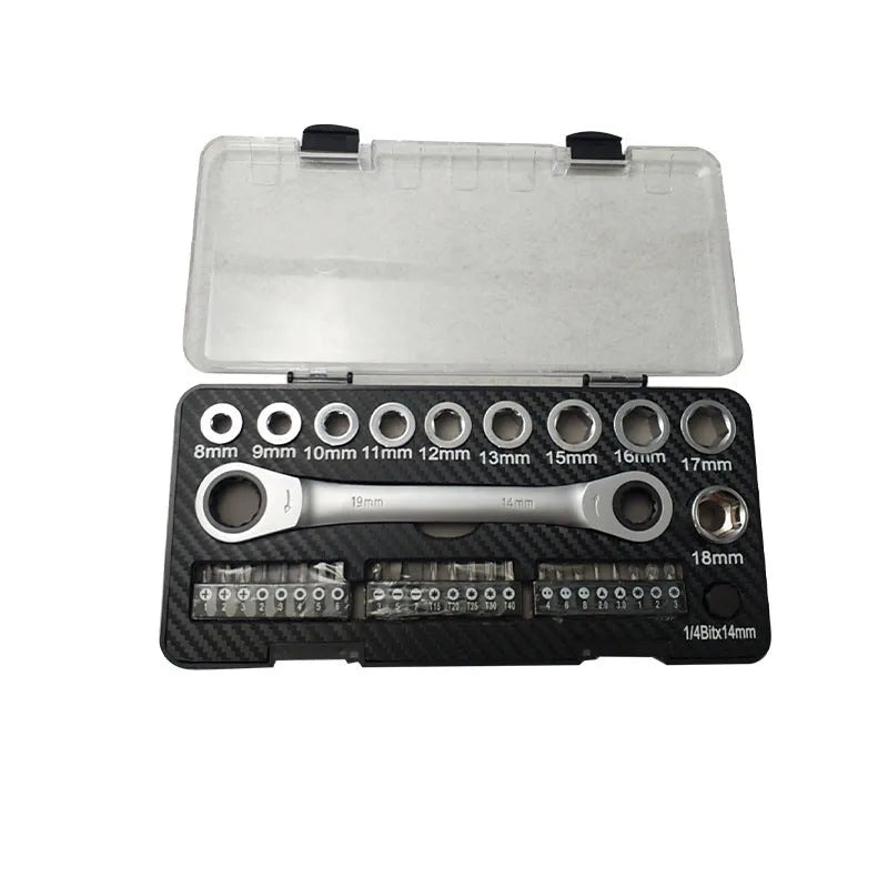 RG12110 series ratchet wrench handle with a selection of 10 socket attachments and 3 screwdriver bit heads laid out on a surface.