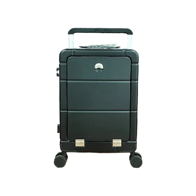 Front opening 20-inch hard shell suitcase in black showing the dry wet separation compartment.