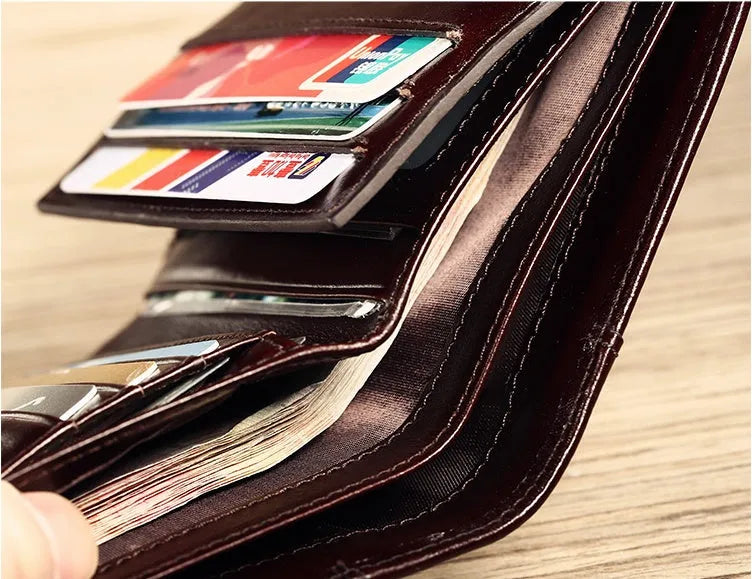 Men's leather wallet showing internal compartments including card slots, hidden pocket and photo position