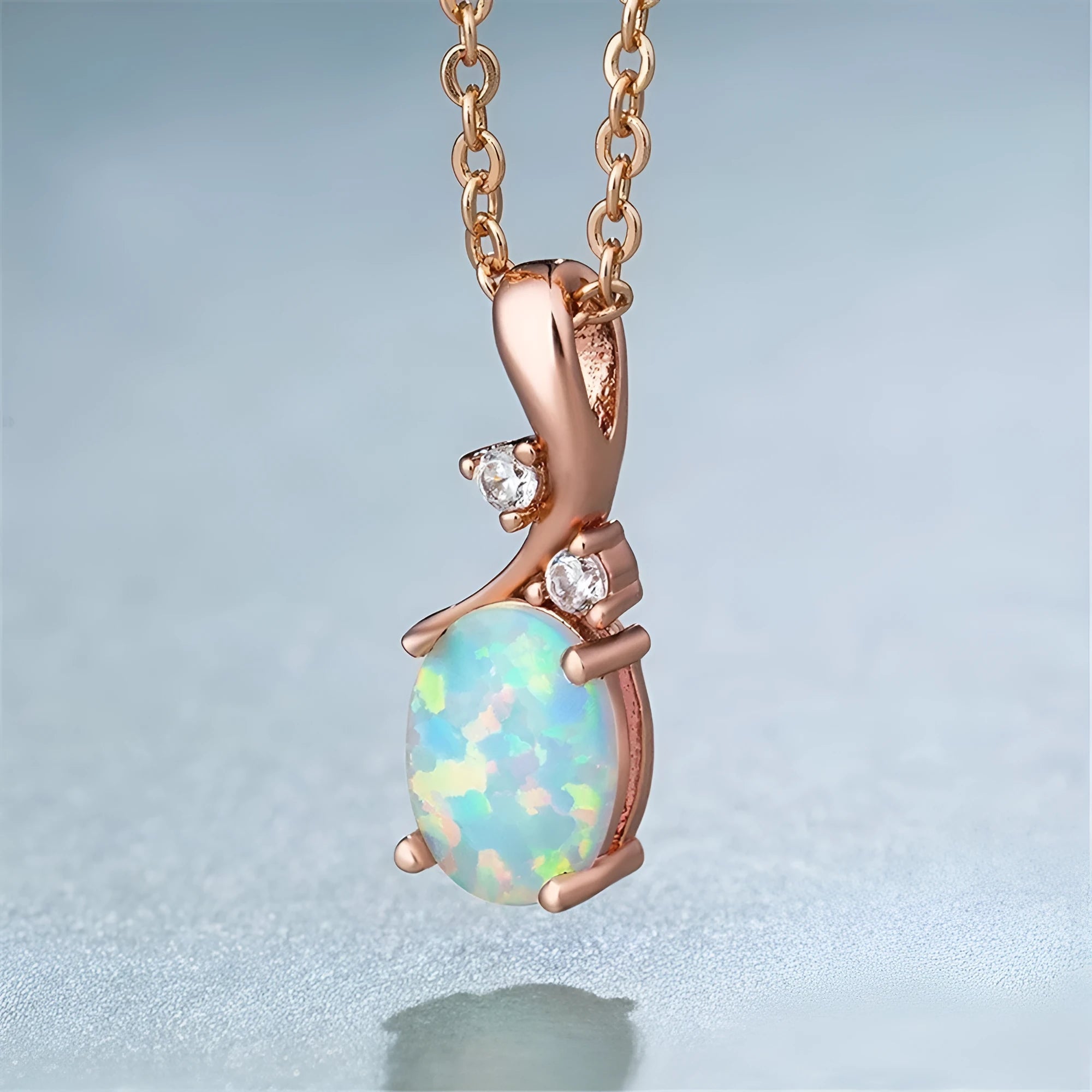 Water drop opal pendant necklace on adjustable O-chain in rose gold electroplated finish