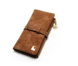 Korean retro long wallet in PU leather showing vertical design, zip closure, and open view of internal compartments.