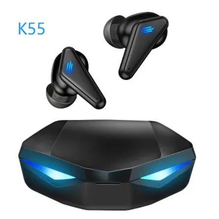 Blue Private Model K55 wireless Bluetooth gaming earbuds with charging case.
