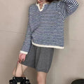 Women's blue striped cashmere pullover sweater with retro styling and long sleeves