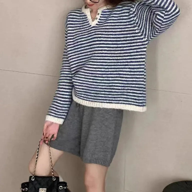 Women's blue striped cashmere pullover sweater with retro styling and long sleeves