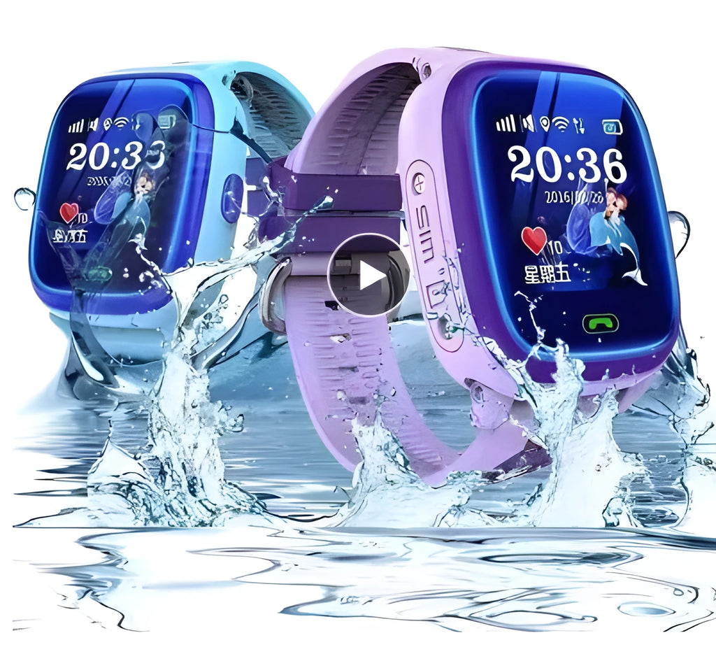 Blue DF25 children's waterproof smart watch with touch screen on a silicone wristband.
