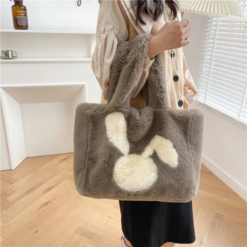 Cartoon rabbit ears plush shoulder bag in solid colour with large capacity