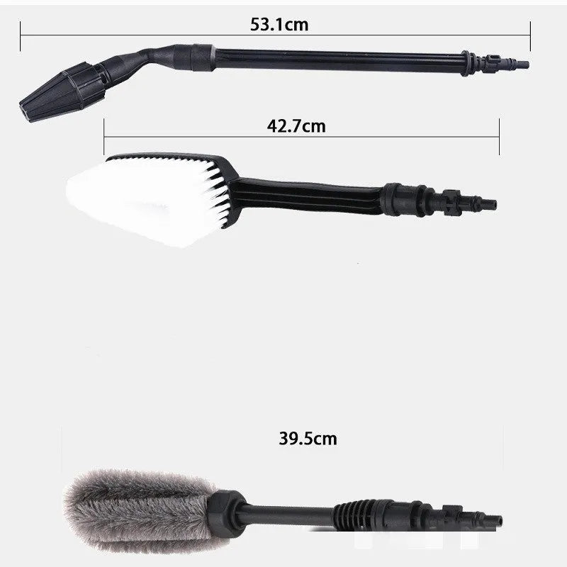 Automatic car washing rotating brush with water gun and three nozzle options on a car surface