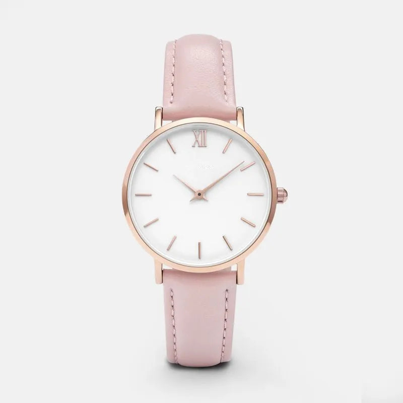 Square alloy case quartz watch with PU leather strap in various colours including grey, green, pink, and black.