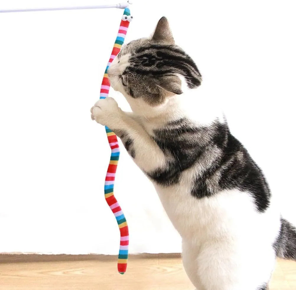 Cat wand toy with polycarbonate pole and plush strip in green, orange, and rainbow colours