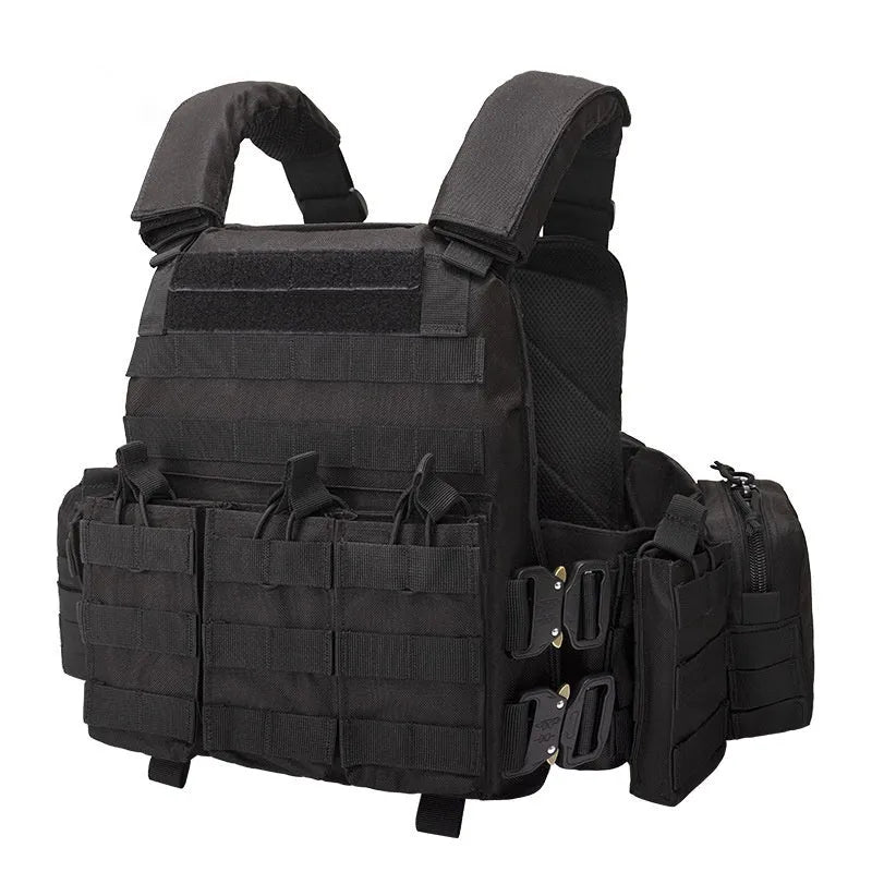 Men's camouflage pattern tactical vest made from polyester fabric for outdoor sports.