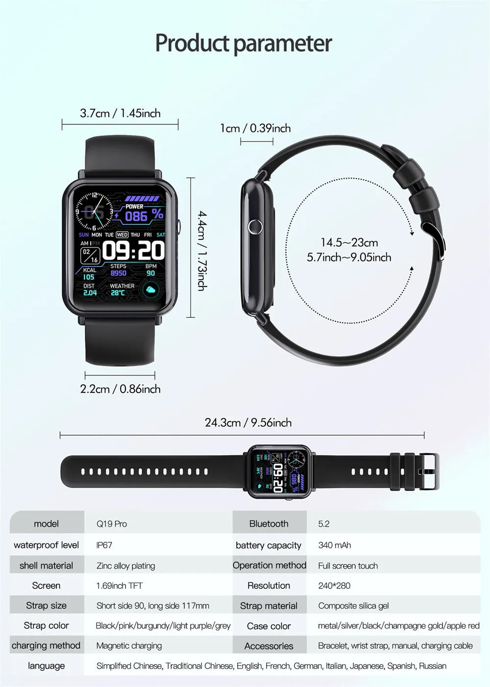 Smart waterproof watch with 1.69inch TFT screen and composite silica gel strap in Black