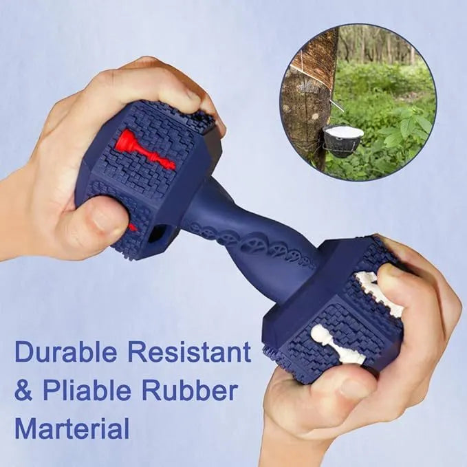 Natural rubber hollow dumbbell dog chew toy for aggressive chewers in blue.