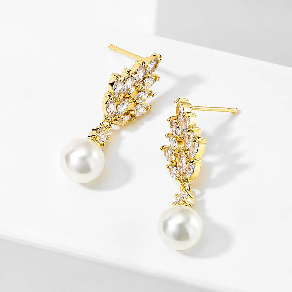 Geometric floral earrings with micro zircon inlay in gold, platinum, or rose gold plating