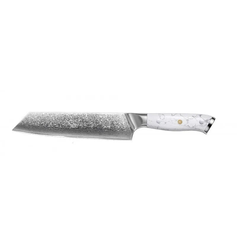 Damascus pattern VG10 steel combined chef's knife with 21cm blade on wooden surface