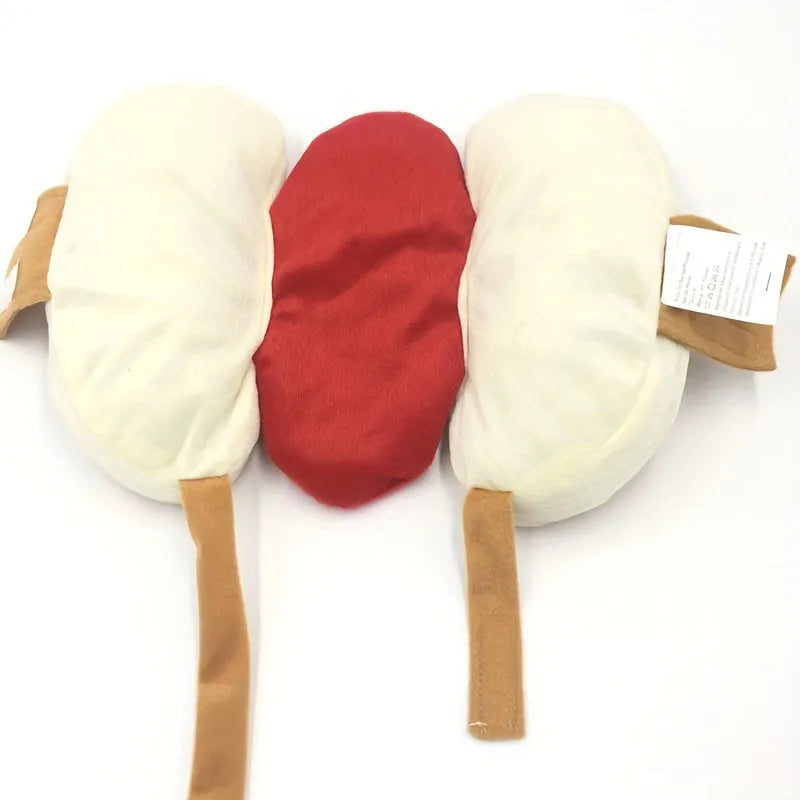 Brown and mustard coloured stuffed hot dog costume for a small dog, showing adjustable neck and waist fasteners.