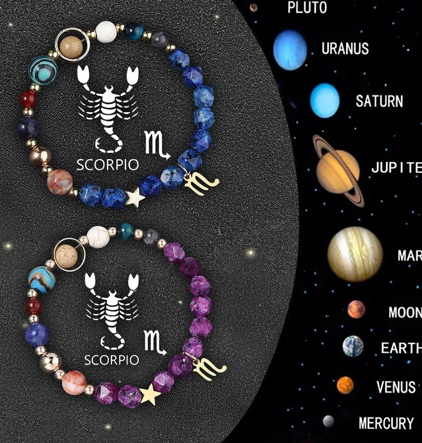 Set of twelve natural stone beaded bracelets, each representing a different zodiac sign with celestial charms.